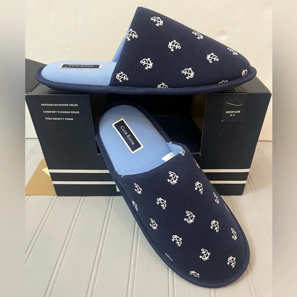 Club Room Mens Anchor Slippers Navy Blue Slip On Size Medium 8-9 New In Box - Picture 2 of 13